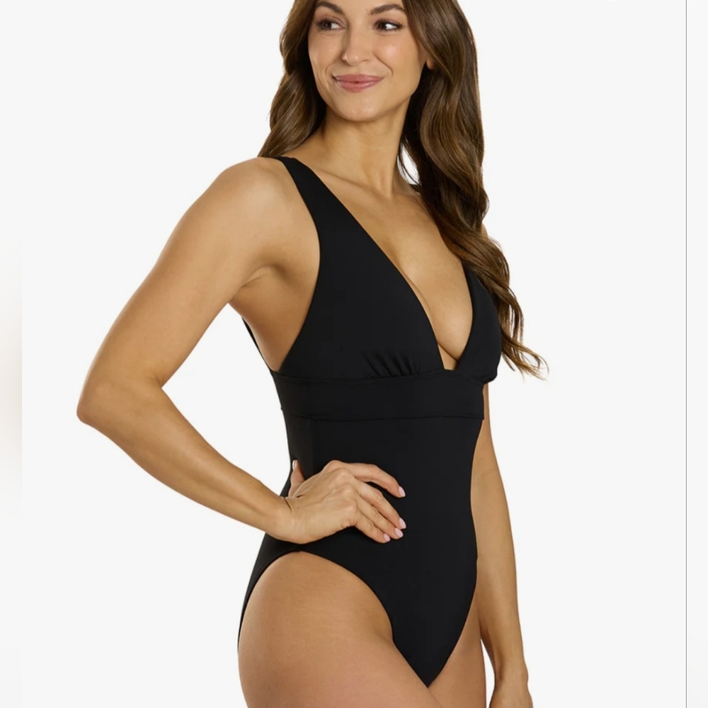 Lauren Ralph Lauren Sculpting Solid Modern V Neck One Piece Black Size 14 - Picture 2 of 11